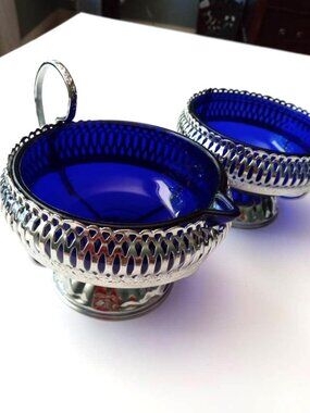 Sugar and Creamer Silver Metalwork with Blue Glass Vintage Antique Authentic